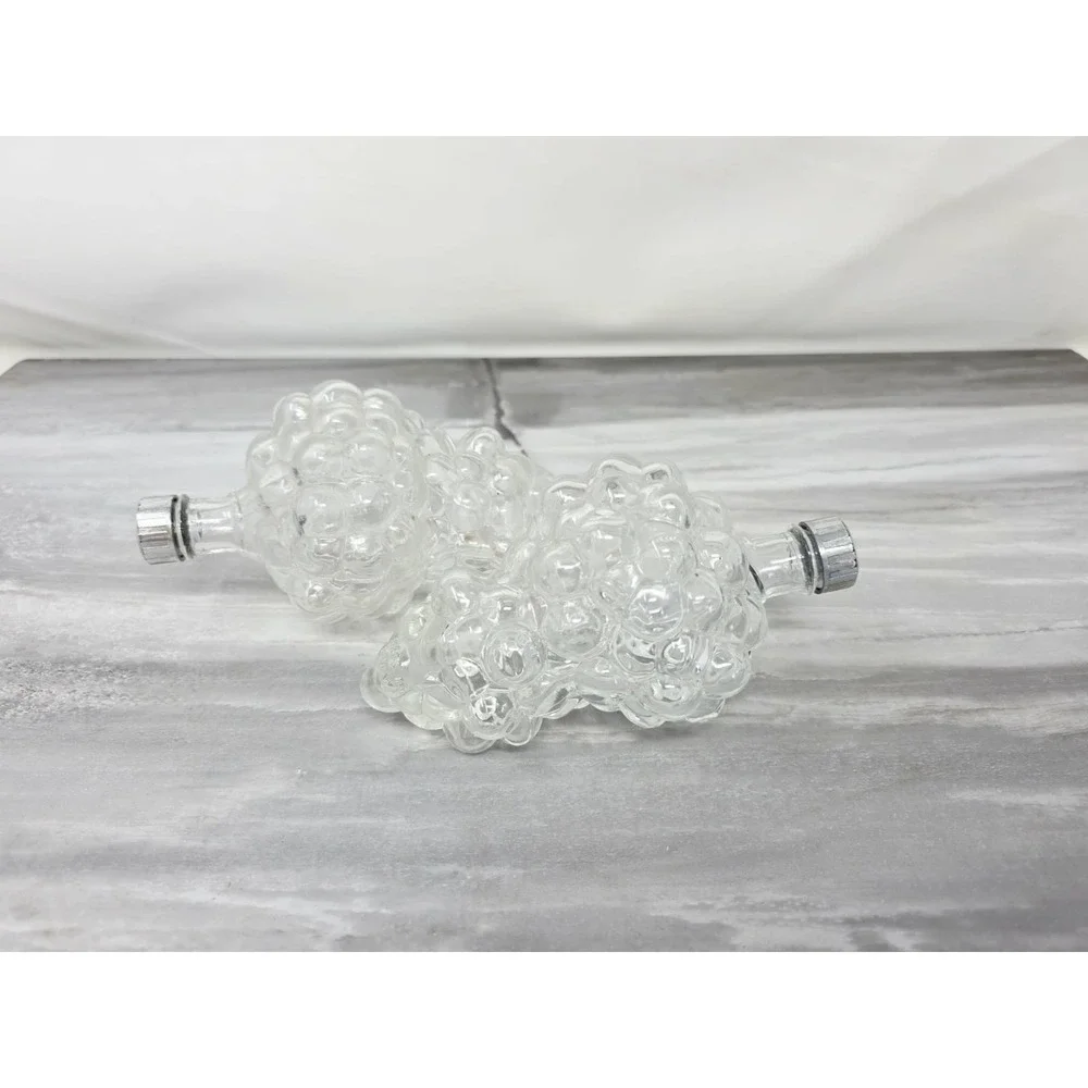 Pair (2) Vintage Grape Cluster Wine Bottle Decanterd Clear Glass w/‎ Lids France